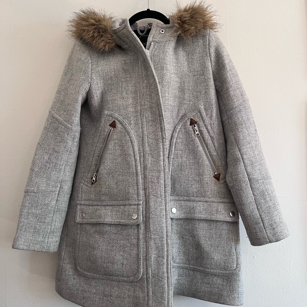 J. Crew Gray Utility Jacket with Faux Fur Hood